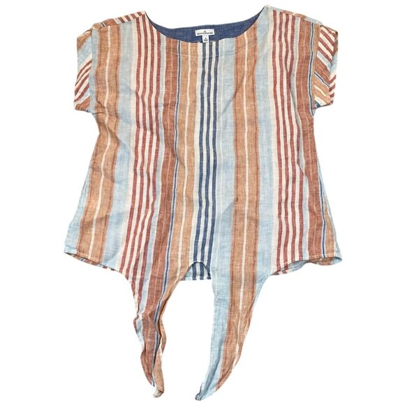 L.L. Bean Women's 100% Linen Short Sleeve Tie-Hem Top Small Striped - Picture 1 of 9